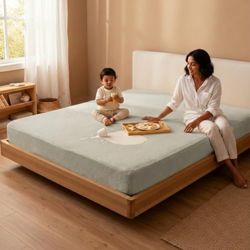 Image of Naksh Mattress Protector King Size Cotton (72x78x10 Inch Drop), Grey | Fitted Elastic Waterproof Bed Protector | Soft Absorbent Terry Fabric | Heavy Quality | Leak & Spill Protection