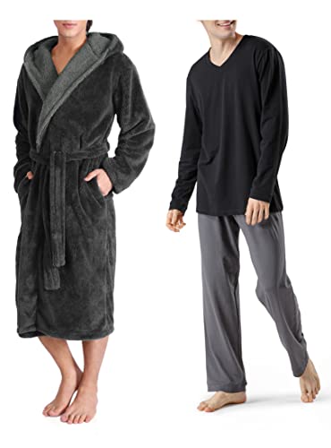 DAVID ARCHY Men's Soft Fleece Plush Robe Full Length & Cotton Pajama Set （Medium）