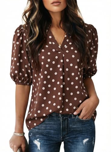 Image of Dokotoo Womens Blouses V Neck Puff Short Sleeve Business Casual Tops