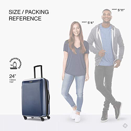 Image of American Tourister Moonlight Hardside Expandable Luggage with Spinner Wheels, Navy, Checked-Medium 24-Inch