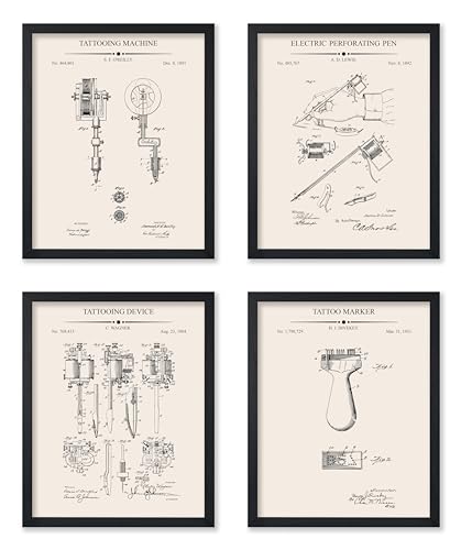 Poster Master 4-Piece Tattoo Blueprint Poster - Tattoo Machine Patent Print - Electric Perforating Pen Art - Tattoo Gun Art - Technical Drawing Art - Office or Studio Decor - 11x14 UNFRAMED Wall Art
