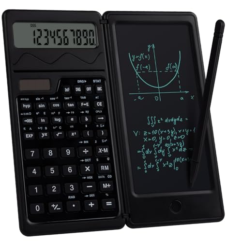 Black Scientific Calculators for Students, Foldable Cute Science Calculator with Notepad, 10-Digit Large Screen, Portable Calculator with Erasable Writing Tablet for Middle School High School Students