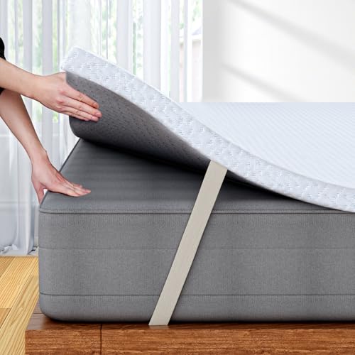 FRIDEKO Single Memory Foam Mattress Topper, Mattress Topper Single Bed with High-Density Foam, Washable & Removable Zipped Cover, Elasticized Corner Straps for Back Pain Relief (90x190x5cm)