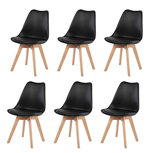 EGGREE Lot de 6 Chaises Salle à Manger Scandinaves, Rétro Chaise de Cuisine, Rembourrée Chaise de Salle de Bureau, Pieds en Bois de Hêtre Massif, Noir