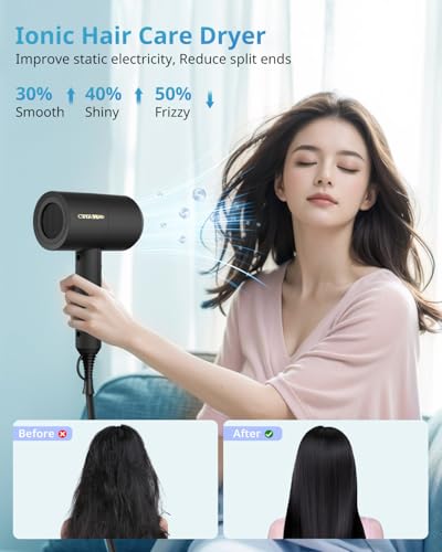 SHRATE Lightweight Ionic Hair Dryer with Diffuser - Powerful 1800W Blow Dryer for Fast Drying - Professional Low Noise Mini Hair Dryer for Travel, Gifts, Hair Styling (Black) の商品画像 5