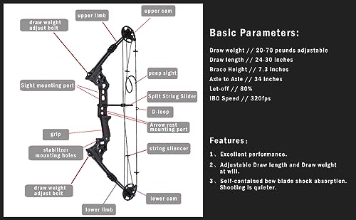 surwolf Bogenschießen CompoundBogen Set, Jagd & Targeting, 20-70lbs einstellbar, IBO 320FPS, 34 Erwachsene Bogen, Jagdbogen (Black set2, RH)