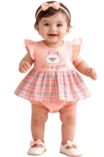 Baby Girls Frock Dress with Bloomer Set | Short Sleeve Polka Dot Inner Layer & Bow Detail Special For 0-6 Months (Light Pink)