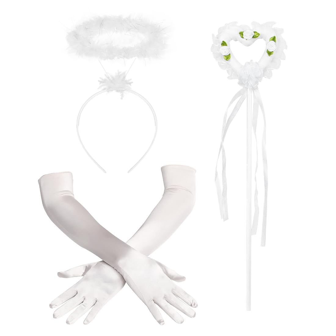 Sprinlot Guantes Largos De Satén Para Mujer, Diadema De ángel Y Varita, Accesorio Disfraz Años 20 Para Carnaval Y Cosplay