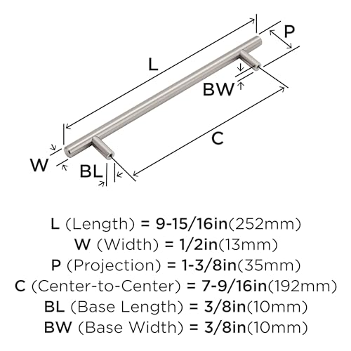 Image of Amerock 7-9 /16 inch Bar Pulls Satin Nickel Drawer Pull | 7-9 /16 inch (192mm) Center-to-Center Mounting Distance and 9-15 /16 inch Overall Length, Durable Carbon Steel Cabinet Hardware