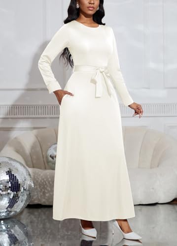 Image of BubFee Long Dress for Women Casual Long Sleeve Dresses Maxi Dress Empire Waist Loose with Belt