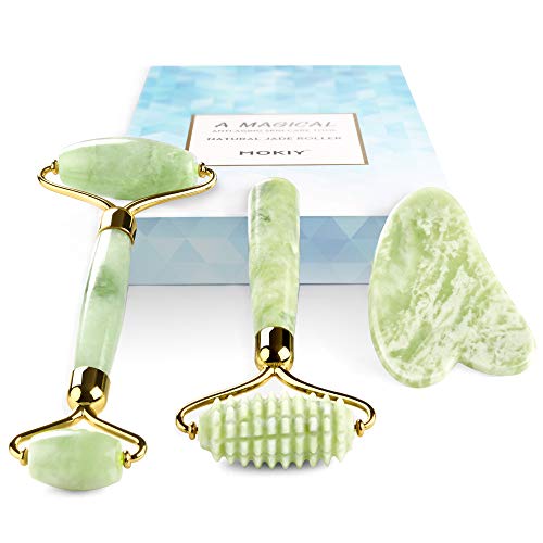 Jade Roller for Face and Gua Sha Set - Facial Skin Roller Massager Tool-100% Real Jade Stone (3-in-1)