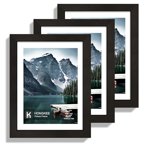 Hongkee 6x8 Picture Frame with Real Glass - Display Pictures 5x7 with Mat or 6 x 8 without Mat Photo Frame for Wall or Table Top Display(Black 3 Pack)
