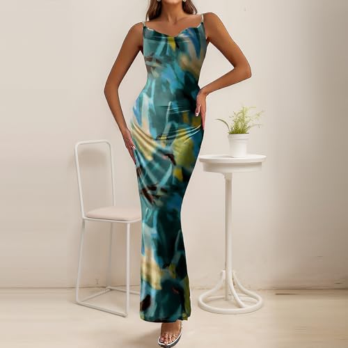 Image of Women's Spaghetti Strap Maxi Dress Floral Print Bodycon Long Dress Summer Beach Vacation Wedding Guest Outfits