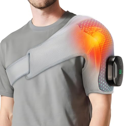 Heated Shoulder Wrap with Massage, Cordless Shoulder Heating Pad with Removable Controller, Heated Shoulders Brace Massager with 3 Vibration & 6 Heat Levels, Heating Pad for Neck Shoulders Relieve