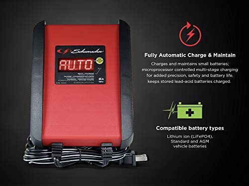 Schumacher Electric SP1298 Fully Automatic Battery Charger and Maintainer for Car, Motorcycle, Lawn Tractor, Boat, and Lithium Batteries, 6 Amp, 12 Volt, Red, 1 Unit
