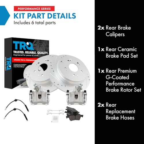 Image of TRQ Performance Rear Brake Pad and Rotor Set Ceramic Slotted Drilled G Coated Rotors Calipers Hoses Compatible with 2004-2005 Mazda 3 S 2005 3 SP23