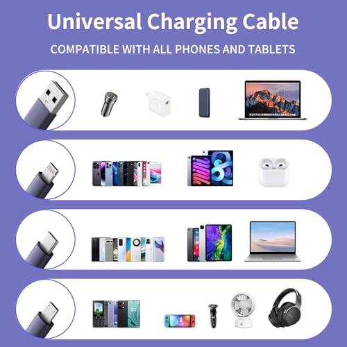 2-Pack 3.3' IDISON Retractable 3-in-1 USB Charging Cable w/ Lightning, USB-C & Micro USB (Purple) - image 4