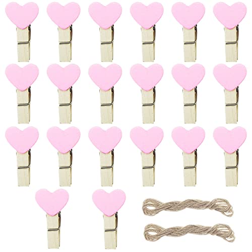 Fazhbary Pink Heart Clothespins Mini Wooden Clothespins With Jute Twine Small Valentine's Day Decorative Wood Peg Pin Craft Clips For Pictures Photo Memo Card #TOP8