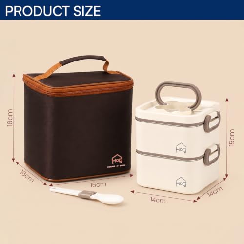 Image of House of Quirk 304 Stainless Steel Lunch Box, 2 Containers with 1 Divider Container, Insulated Lunch Bag & Spoon, Leakproof Bento Tiffin Box for Office, School & College, BPA Free (Beige)