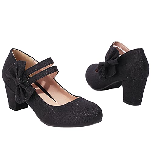 UniqueStride Womens Sequins Chunky Heel Mary Janes Ankle Strap Round Toe Bow Glitter Wedding Bridal Pumps2