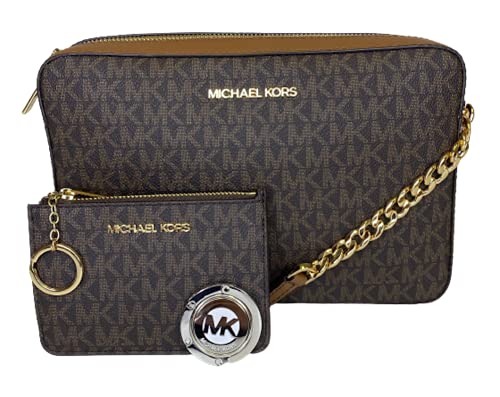 MICHAEL Michael Kors Jet Set Travel Large EW Crossbody bundled with SM TZ Coinpouch Wallet and Michael Kors Purse Hook (Signature MK Brown)
