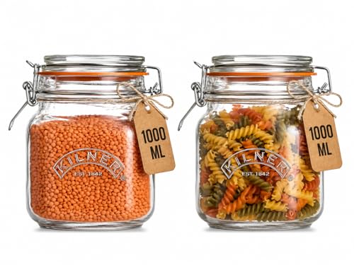 Image of Kilner Premium 2 x 1 Litre Borosilicate Airtight Square Wire Clip Top Food Storage Container Jar for Kitchen | Multipurpose, BPA Free, Reusable | For thinKitchen