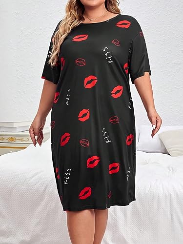 Floerns Vestido de noite feminino plus size manga curta gola redonda, Lábio preto e vermelho, XX-Lar