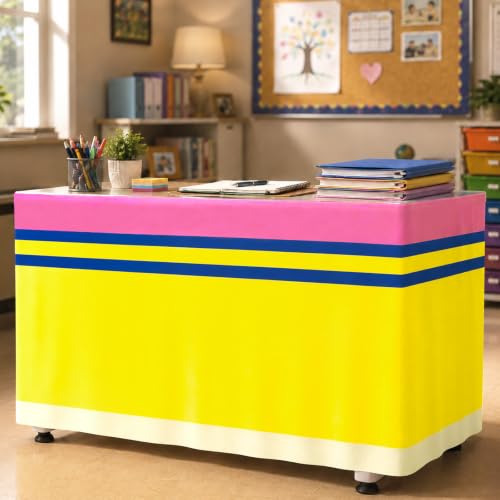 Image of 6FT Pencil Table Skirt Colorful Teacher Desk Skirt Classroom Table Cover for Back to School Decor Rectangle Tablecloth for First Day of School Party Supplies Kindergarten Office Bookcase Cabinet