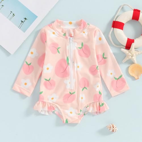 Toddler Girls Swimsuit One Piece Rash Guard Set Long Sleeve Bathing Suits Cute Ruffle Beach Swimwear for Baby Summer2