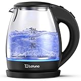 電気ケトル ガラス ケトル 湯沸かしケトル LEDライト付 電気 ポット 【コップ1杯95秒】 1.0L [Latuna ラチュナ] コーヒー 湯沸かしポット 小型 おしゃれ 紅茶 お茶 空焚き防止 PSE認証済み (ブラック)