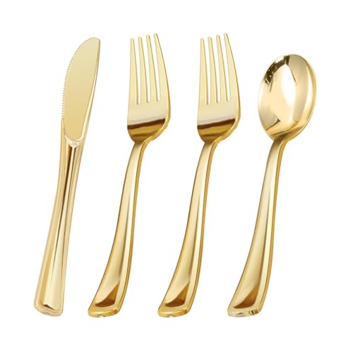 45-Piece Premium Gold Plastic Cutlery Set Utensils for Wedding Receptions Catered Events & Parties 15 Each of Forks Spoons & Knives with Metallic Shine
