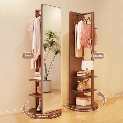 Full-Length Rotating Mirror with Wooden Frame & Coat Rack - Stylish Grey Floor Mirror for Living Room, Bedroom, Apartment Decor & Organization