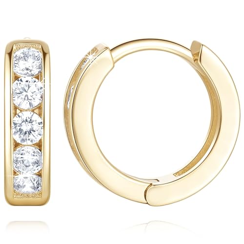 14K Gold Huggie Hoop Earrings Small Gold Hoop Earrings Trendy Hoops Earring with Round Cubic Zirconia Gems-12.5 mm