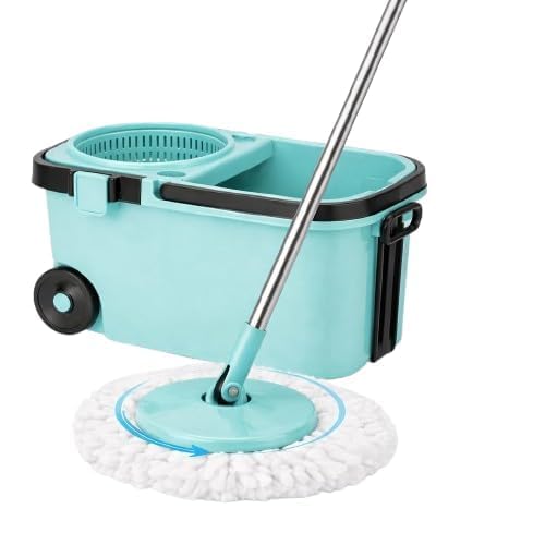 Spin Mop Set with Bucket & Wringer | 360° Floor Cleaning Mop | Stainless Steel Adjustable Handle | Microfiber Pocha Set | Easy Squeeze Mop with Wheels for Home & Bathroom (Aqua)-picture-29
