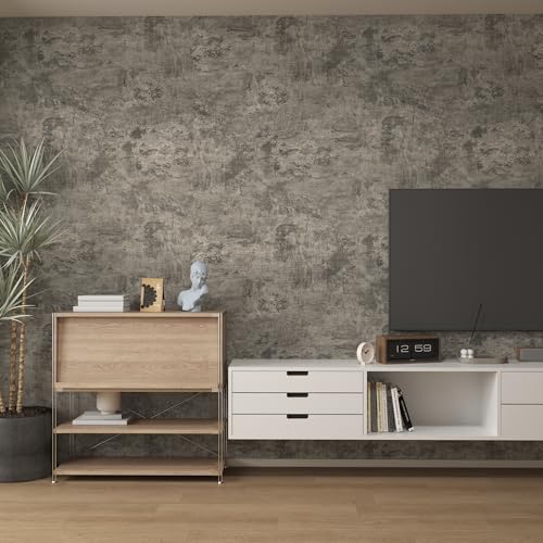 16"×591" Light Brown Grey Concrete Wallpaper Peel and Stick 3D Industrial Cement Contact Paper Vinyl Wrap Matte Textured Self Adhesive Wall Tile Sticker for Walls Kitchen Countertops Bedroom Bathroom