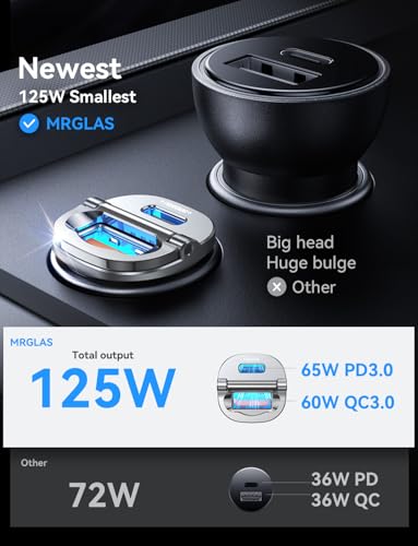 Image of MRGLAS 125W USB C Car Charger, [Mini & Metal] USB C Car Charger Adapter Fast Charging PD65W & QC60W Dual Port Type C Cigarette Lighter USB Charger for iPhone 16 15 Pro Max S25 MacBook-Silver Gray