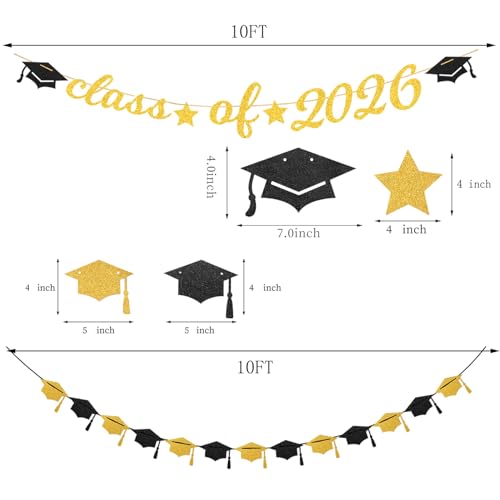Image of Black Gold Party-Decoration Graduation Banner - 14pcs Kits Cap Garland Streamers, Paper Tissue Pom Poms Flowers Fans Honeycomb,Class Of 2026 College High School Grad Decor Hugfond
