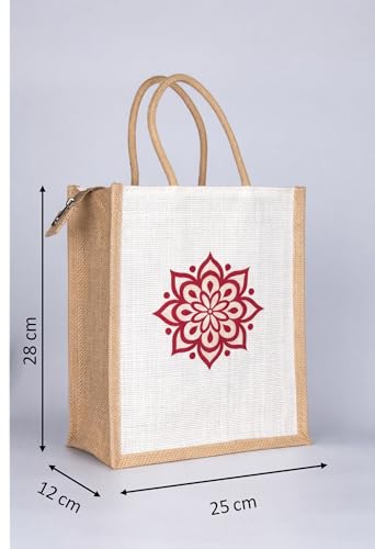 Image of Soman Jute Ecofriendly Return Gift Bags Rangoli printed with Zip White Natural Pack of 10 Bags