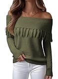 EVALESS Fall Sweater for Women Trendy 2025 Lightweight Sexy Off The Shoulder Knitted Pullover Tops Jungle Green S