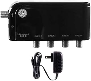 GE 4-Way HD Digital TV Antenna Amplifier, Low Noise Antenna Signal Booster, Clears Up Pixelated Low-Strength Channels, Supports Multiple HD Smart TVs, AC Adapter, Black, 34479