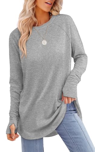 Image of XIEERDUO Womens Tunic Tops to Wear with Leggings Long Sleeve Thumb Hole Shirts Crew Neck Curved Hem