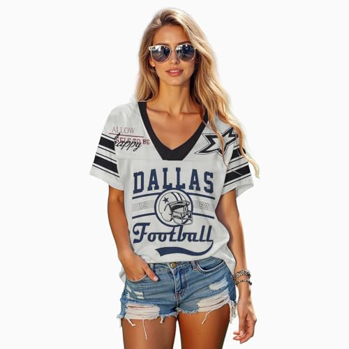 Football Jersey Shirt for Women Game Day T-Shirt Football Season V Neck Baggy Tee Y2k Streetwear Short Sleeve Tops