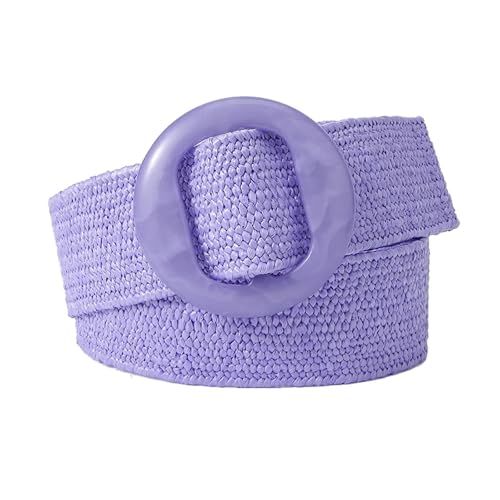 Straw Boho Belt Women Straw Woven Elastic Wide Belt Solid Color with Matching Plastic Buckle