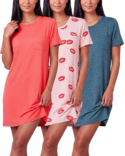 Image of Real Essentials 3 Pack: Women's Short Sleeve Nightgown Dress - Nightshirt Pajama Sleep Shirt Sleepwear (Available In Plus)