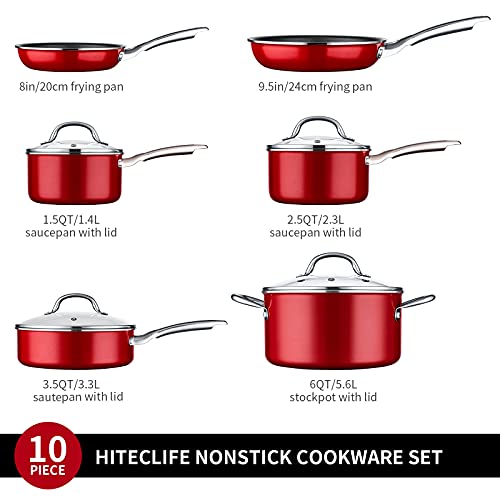 HITECLIFE Cookware Sets 10 Pieces, Nonstick Pots and Pans Set, Induction Pan Set, Chemical-Free Cooking Pots and Pans with Lids, Kitchenware with Saucepans, Frying Pans, Stock Pot, Aluminium, Red 2 Gallery Image