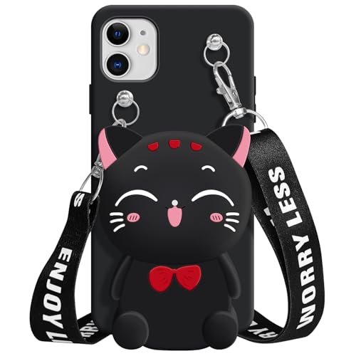 SGVAHY Wallet Case for iPhone 11 with Strap Lanyard Cute Cat Black Coin Purse Funny Phone Case Kawaii Soft Silicone Shockproof Cover for Women Girls