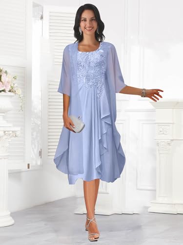 2 Piece Mother of The Bride Dresses for Wedding Tea Length Lace Chiffon Ruffle Formal Dress with Jacket2