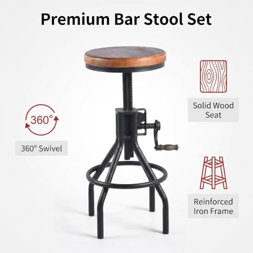Butaco industrial de estilo granja con asiento de madera, altura ajustable y manija, para cocina o bar, negro, juego de 2 miniatura 6