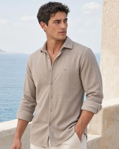 Image of Nobero Textured Popcorn Shirt for Men | Cotton Shirts for Men in 280 GSM Popcorn Knit | Stand Collar | Regular Fit | Full Sleeve