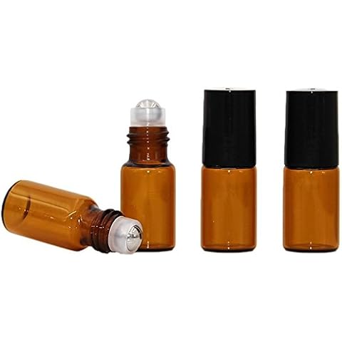 Hustar 30 Pcs Mini Refillable Empty Amber Essential Oil Glass Roller Bottles Rollerball Bottles 3ml Cover